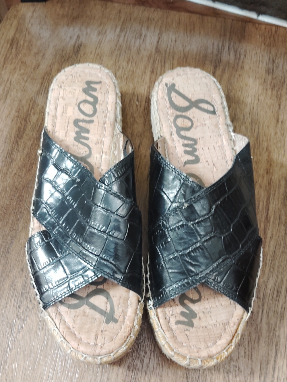 Sam Edelman Black Croc-Embossed Espadrille Slide Sandals